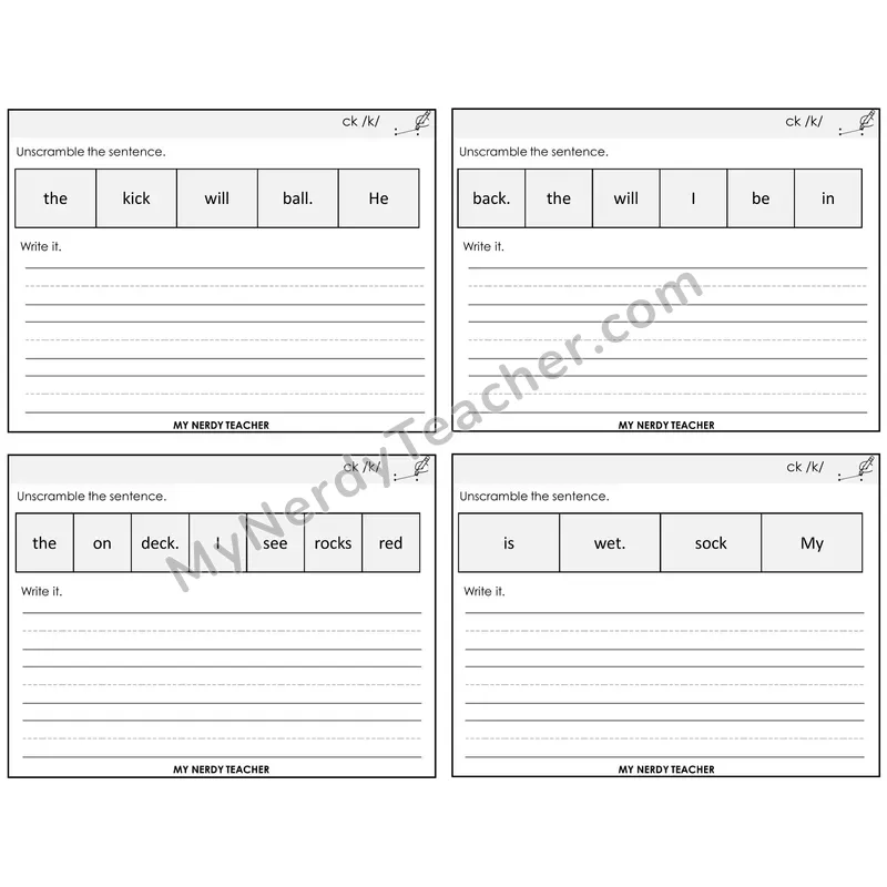 CK Digraph Unscramble and Write Task Cards — Decodable Sentences