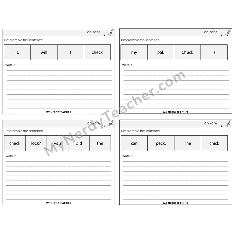 CH Digraph Unscramble and Write Task Cards — Decodable Sentences