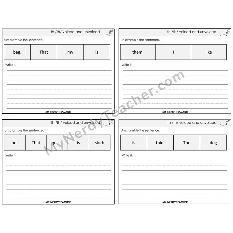 TH Digraph (Voiced + Unvoiced) Unscramble and Write Task Cards — Decodable Sentences