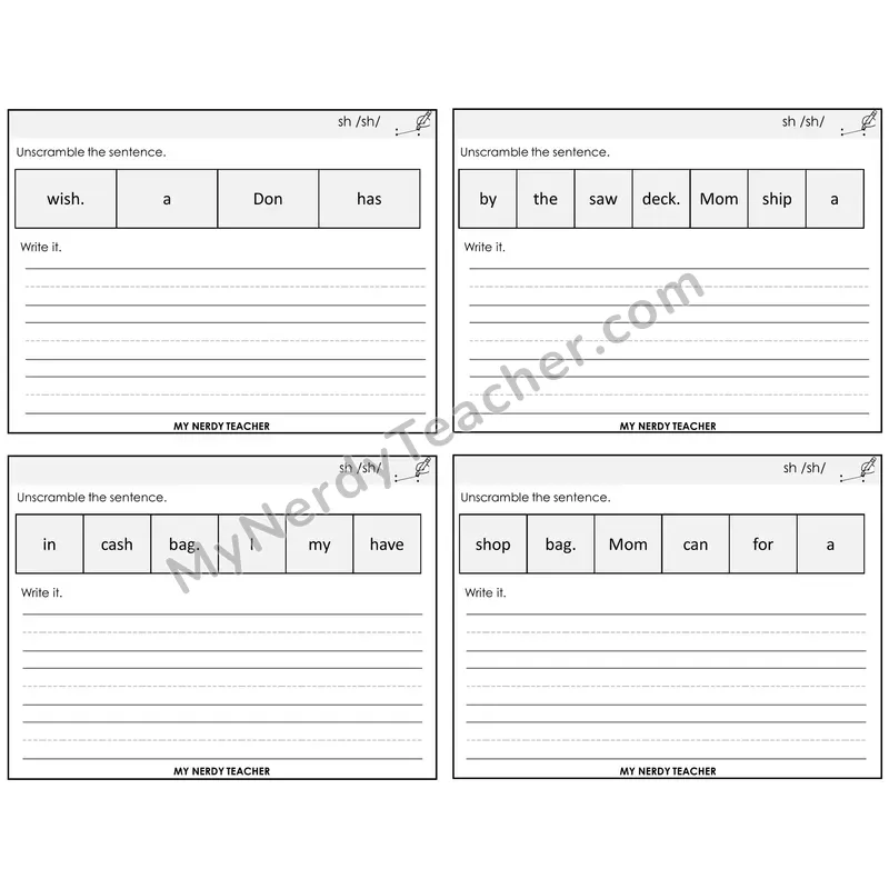 SH Digraph Unscramble and Write Task Cards — Decodable Sentences