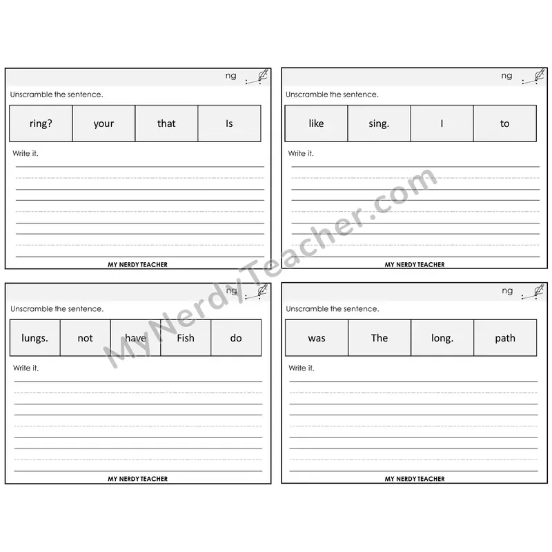 NG Digraph Unscramble and Write Task Cards — Decodable Sentences