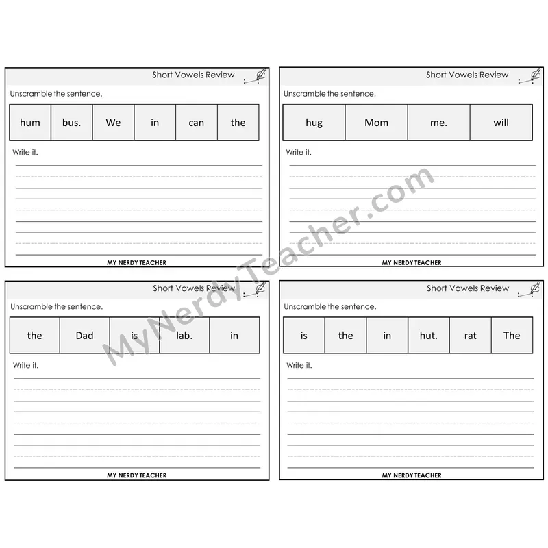 Short Vowels Review Unscramble and Write Task Cards — Decodable Sentences