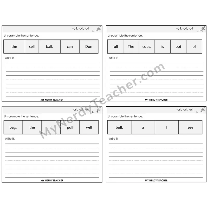All, Oll, Ull Unscramble and Write Task Cards — Decodable Sentences