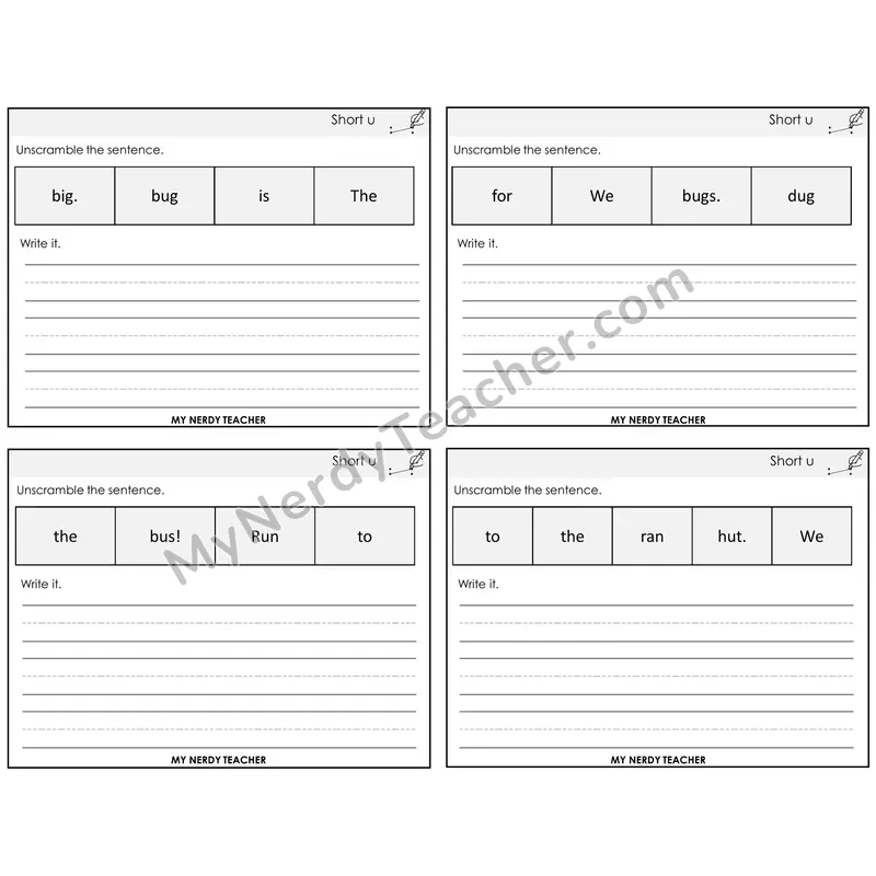 Short U Unscramble and Write Task Cards — Decodable Sentences