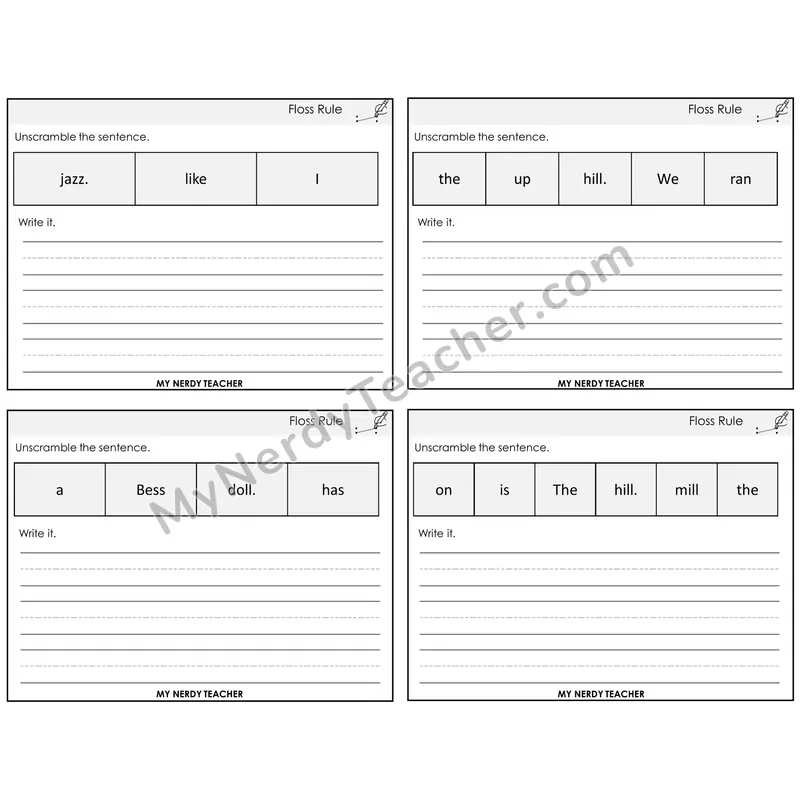 Floss Rule (ff, ll, ss, zz) Unscramble and Write Task Cards — Decodable Sentences