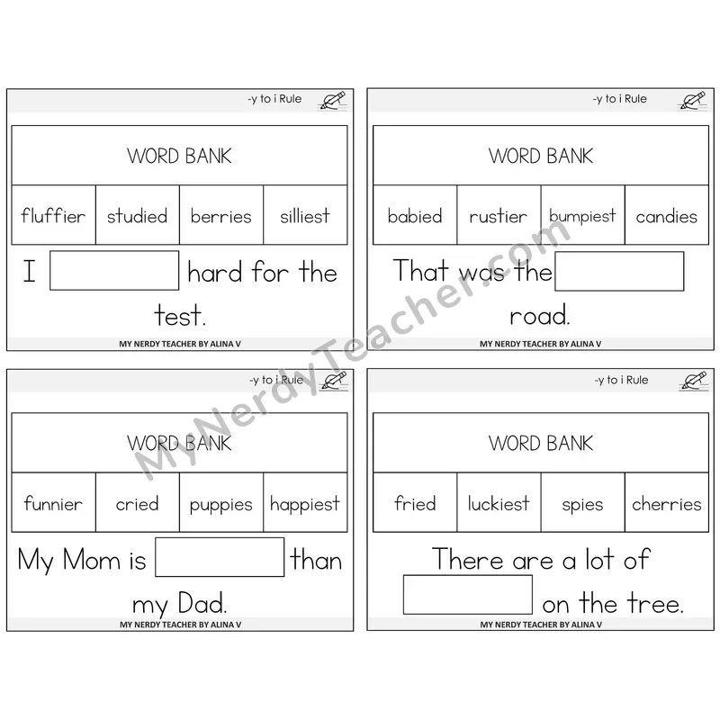 Y to I Rule Missing Words Task Cards — Decodable Sentences