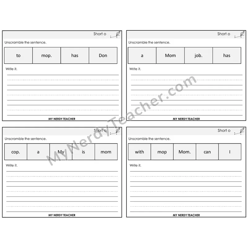 Short O Unscramble and Write Task Cards — Decodable Sentences