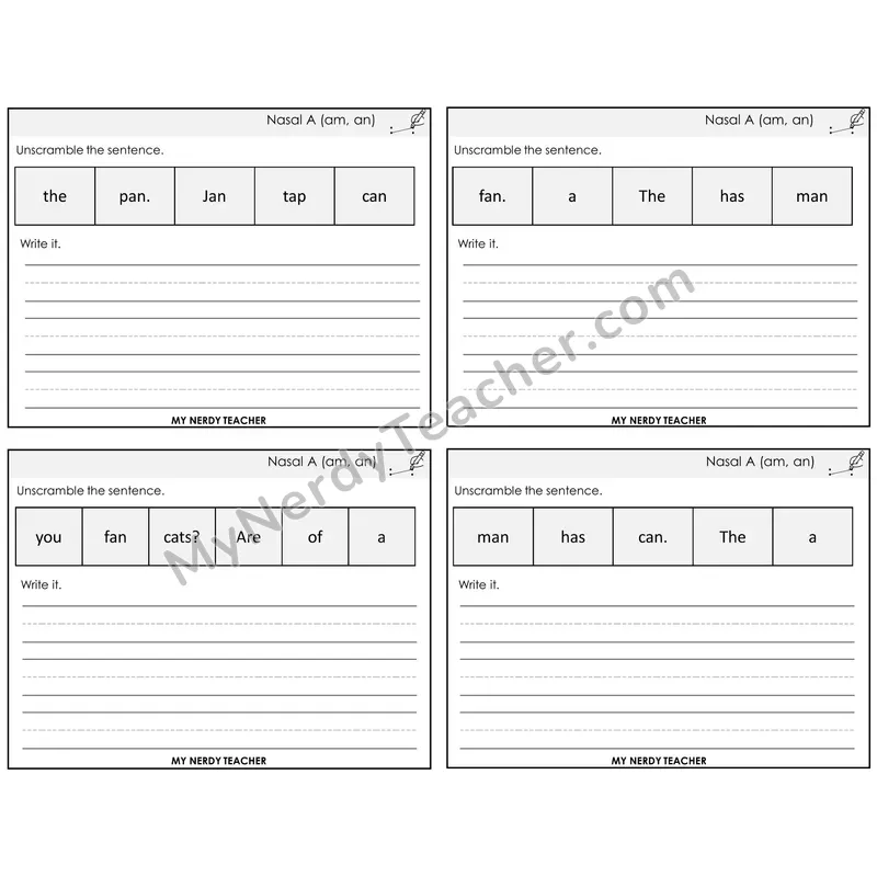 Nasalized A (am, an) Unscramble and Write Task Cards — Decodable Sentences