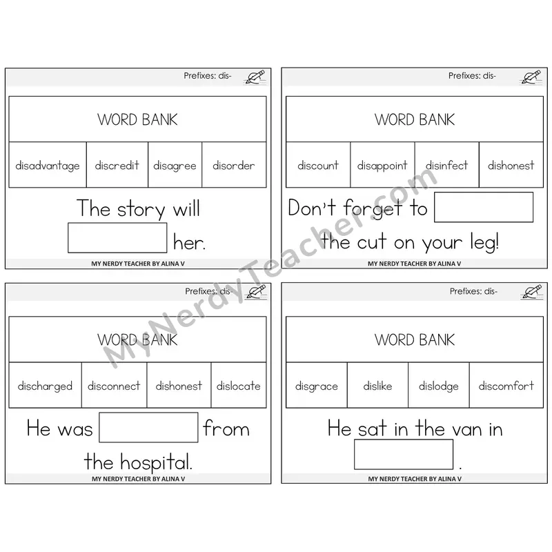 Prefix dis- Missing Words Task Cards — Decodable Sentences