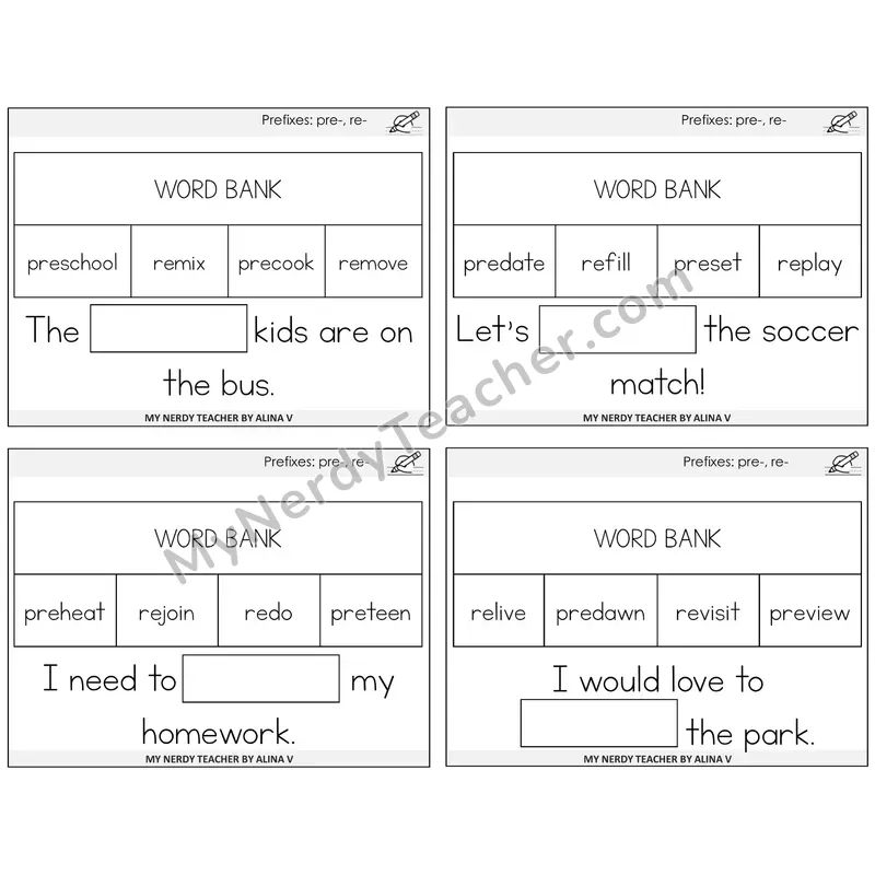 Prefixes pre- and re- Missing Words Task Cards — Decodable Sentences