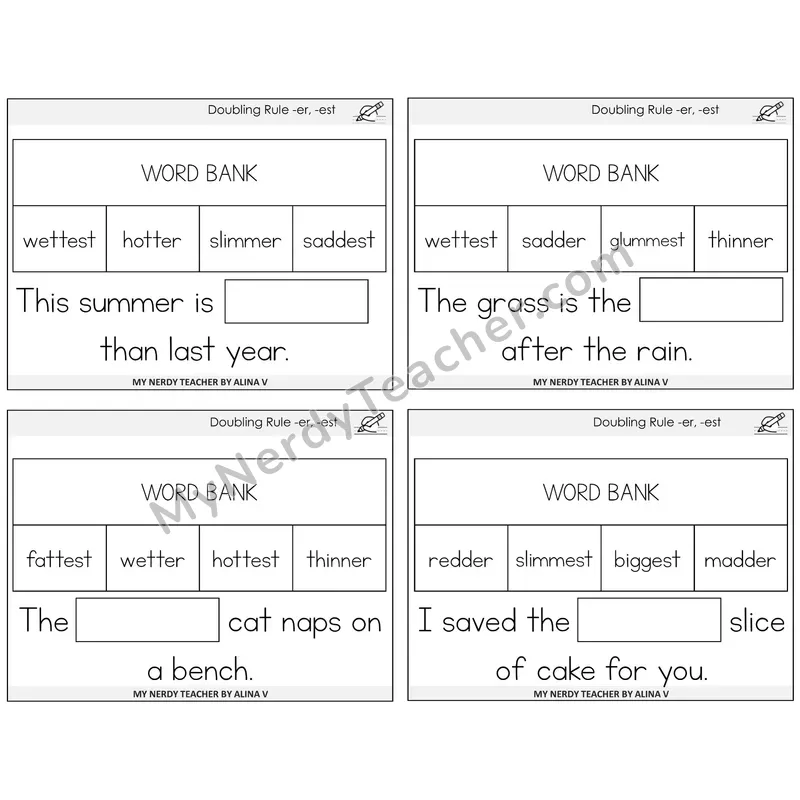 Doubling Rule -er, -est Missing Words Task Cards — Decodable Sentences