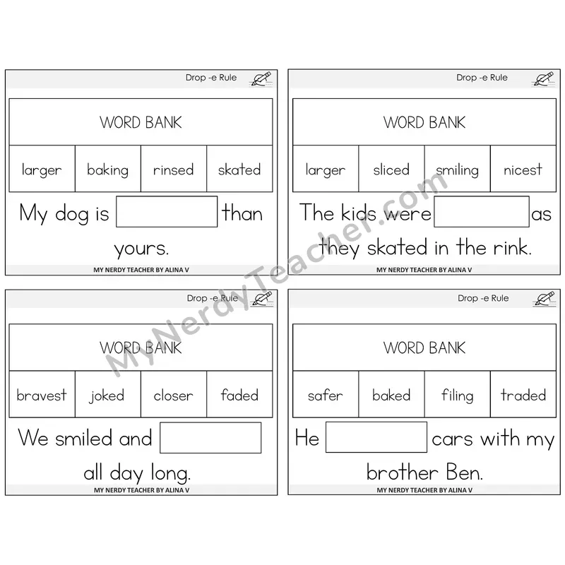 Drop -e Rule Missing Words Task Cards — Decodable Sentences