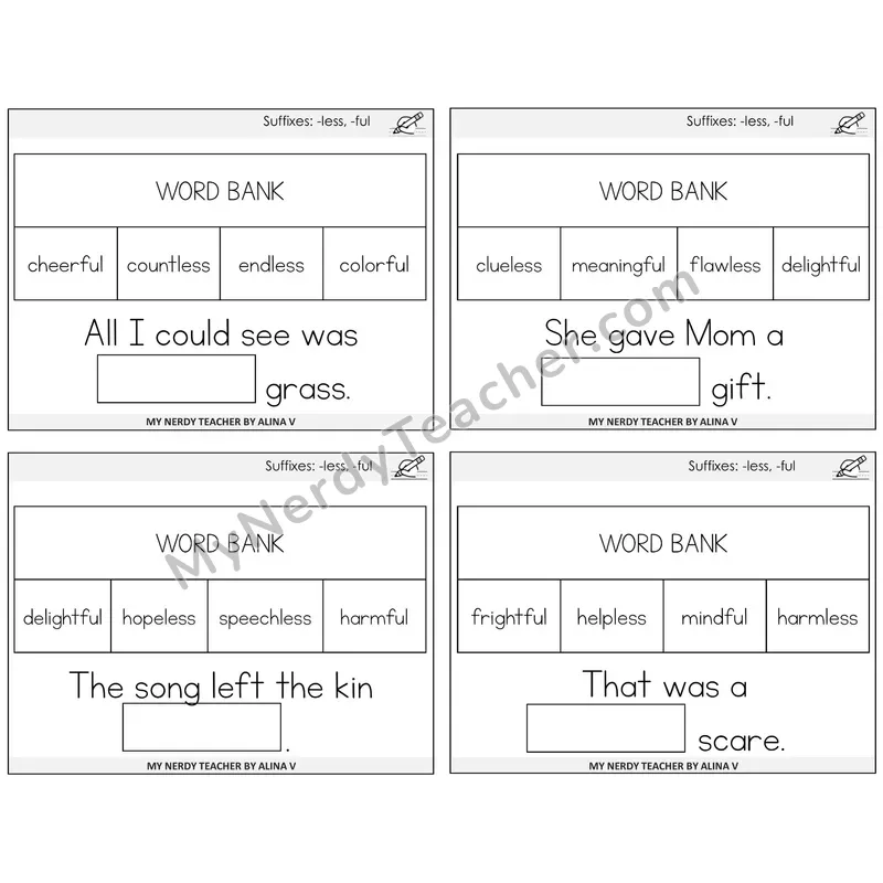 Suffixes -less and -ful Missing Words Task Cards — Decodable Sentences