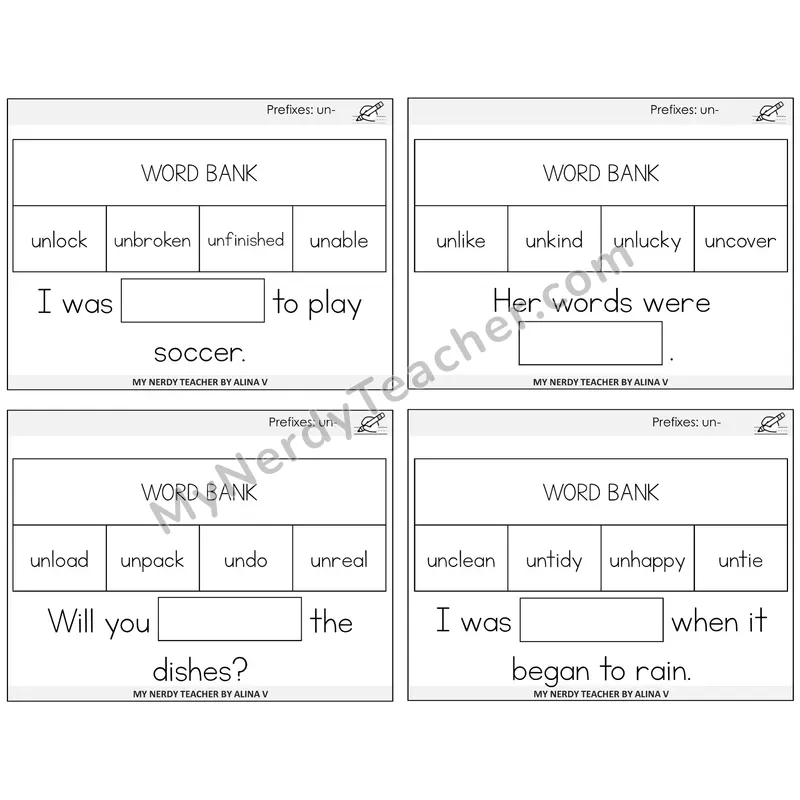 Prefix un- Missing Words Task Cards — Decodable Sentences