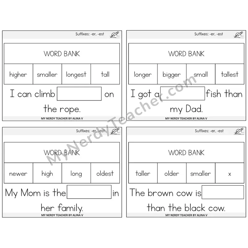 Suffixes -er and -est Missing Words Task Cards — Decodable Sentences