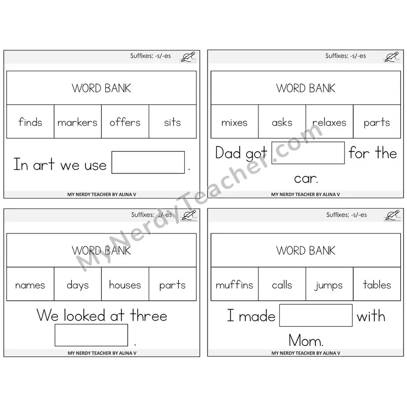 Suffixes -s and -es Missing Words Task Cards — Decodable Sentences
