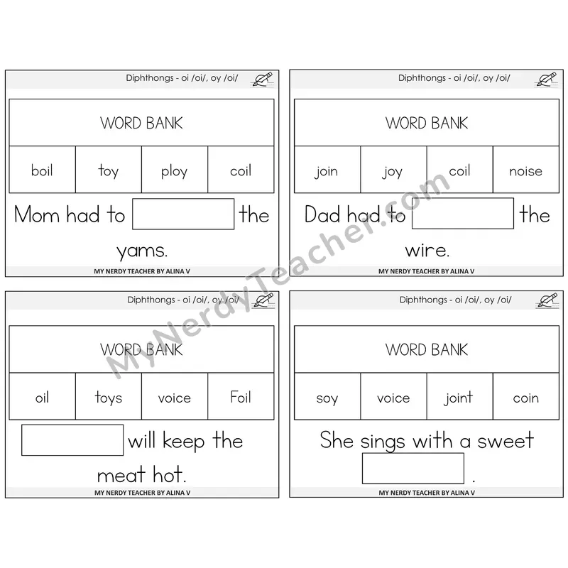 Diphthong OI and OY Missing Words Task Cards — Decodable Sentences