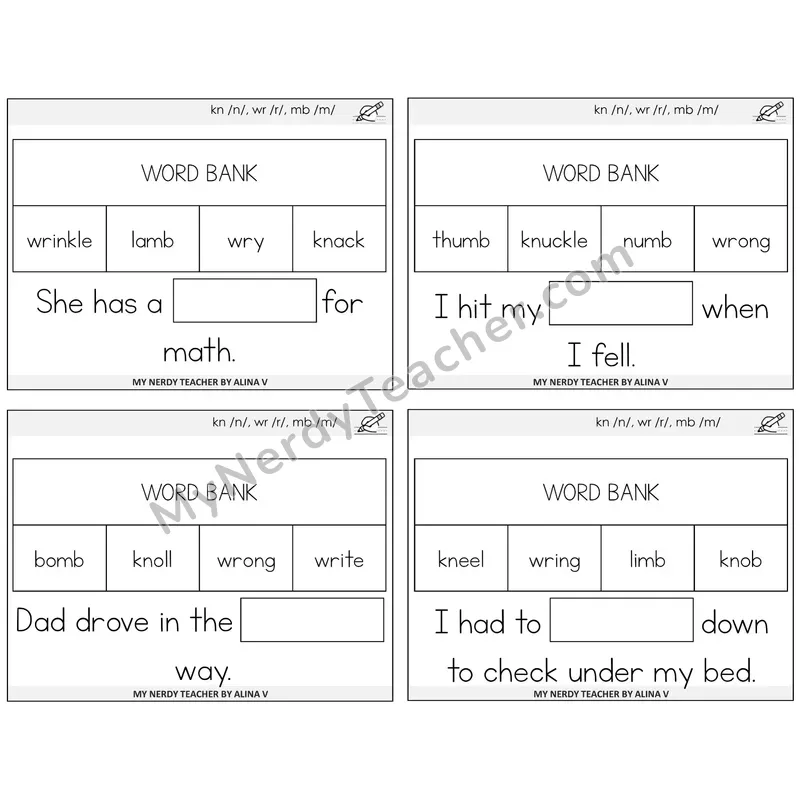 Silent Letters (kn, wr, mb) Missing Words Task Cards — Decodable Sentences