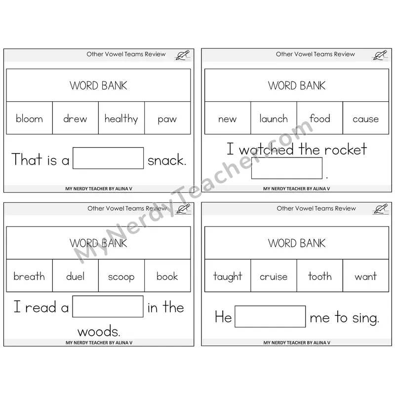 Other Vowel Teams Review Missing Words Task Cards — Decodable Sentences