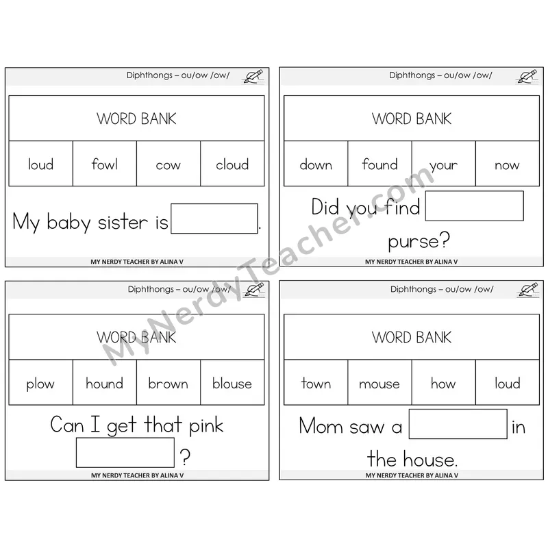 Diphthong OU and OW Missing Words Task Cards — Decodable Sentences