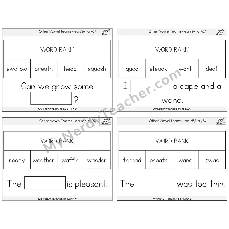 EA (short e) and A (short o) Missing Words Task Cards — Decodable Sentences
