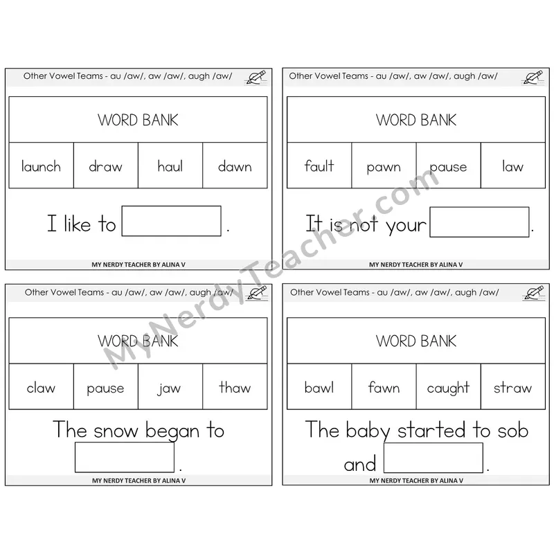 AU, AW, AUGH (/aw/) Missing Words Task Cards — Decodable Sentences