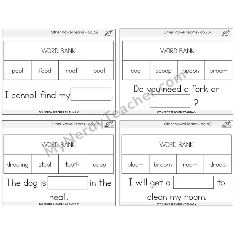 Long OO (/ū/) Missing Words Task Cards — Decodable Sentences