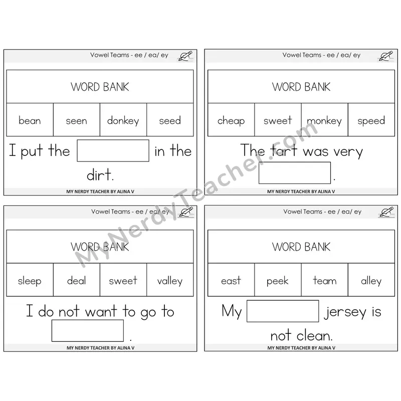 Long E Vowel Teams (ee, ea, ey) Missing Words Task Cards — Decodable Sentences