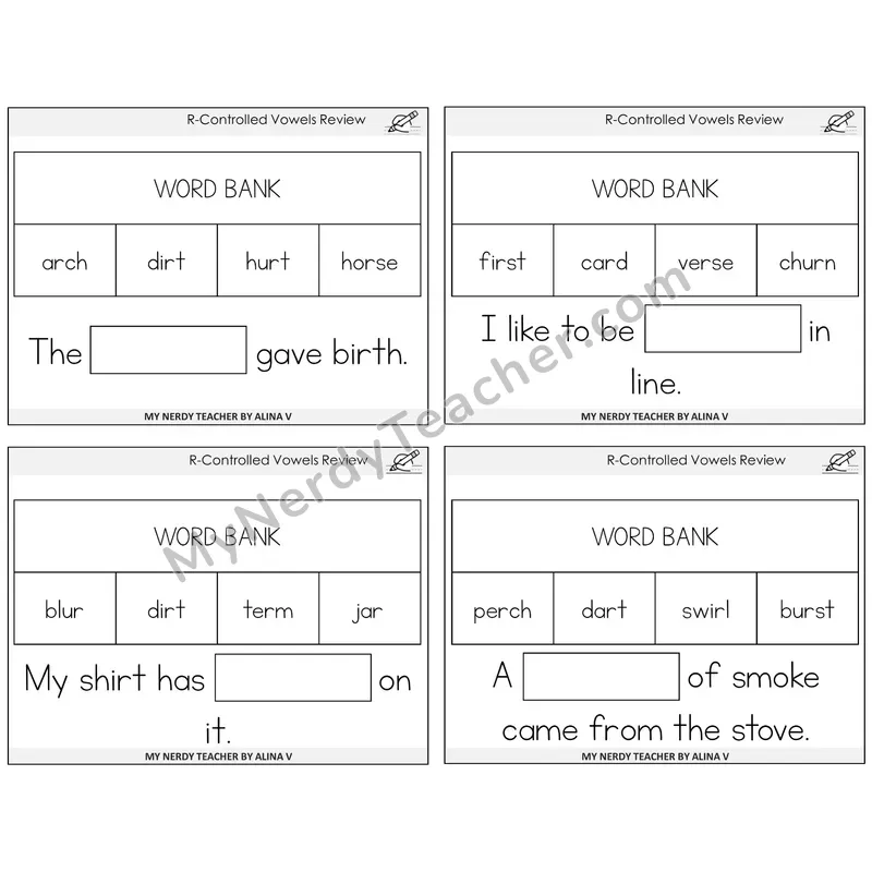 R-Controlled Vowels Review Missing Words Task Cards — Decodable Sentences
