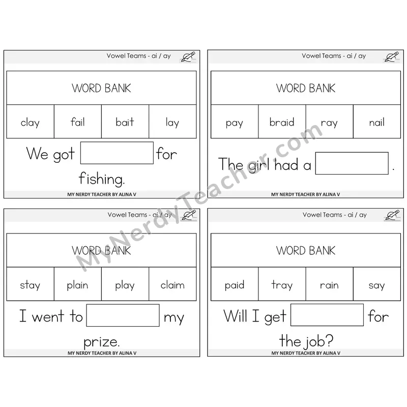Long A Vowel Teams (ai, ay) Missing Words Task Cards — Decodable Sentences