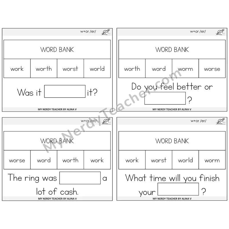 W+OR spelling /er/ Missing Words Task Cards — Decodable Sentences