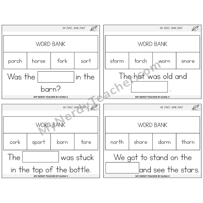 R-Controlled OR and ORE Missing Words Task Cards — Decodable Sentences