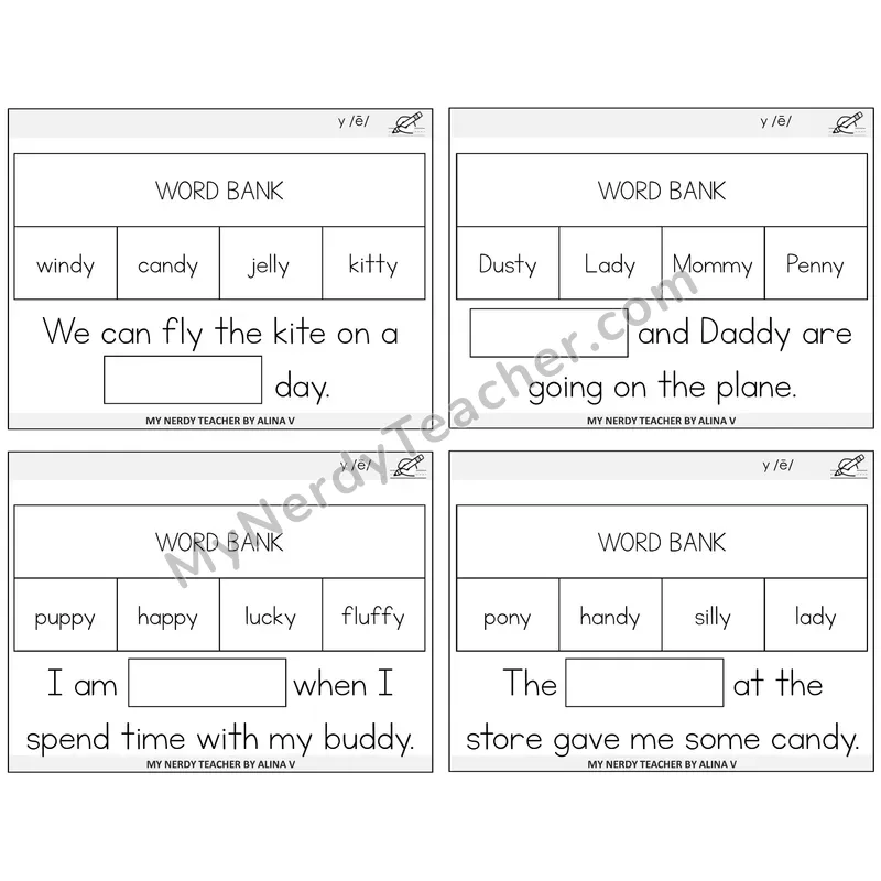 Y as Long E Missing Words Task Cards — Decodable Sentences