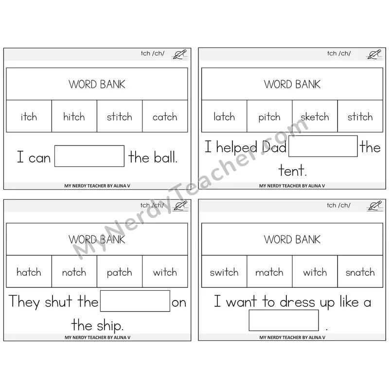 TCH Trigraph Missing Words Task Cards — Decodable Sentences