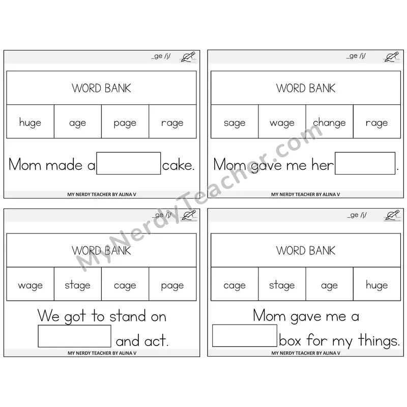 Soft G (_ge) Missing Words Task Cards — Decodable Sentences