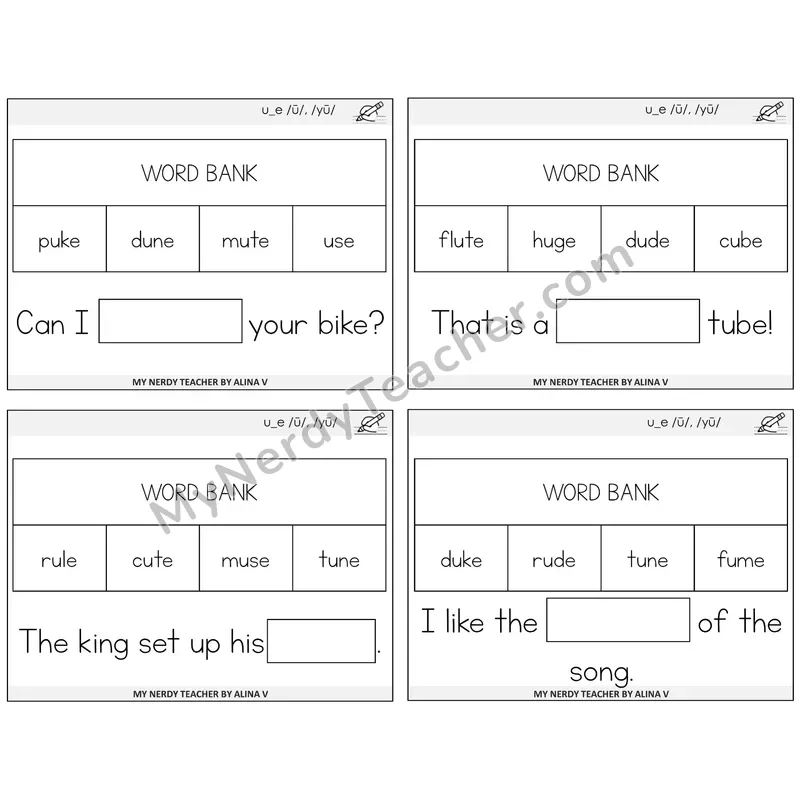 Long U VCe (u_e) Missing Words Task Cards — Decodable Sentences