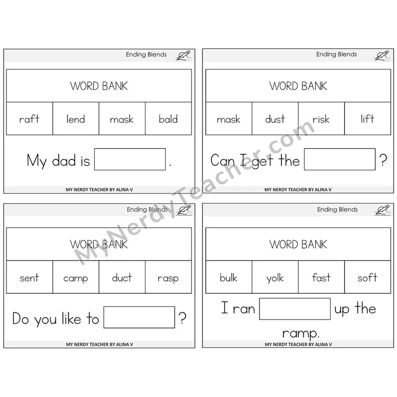Ending Blends Missing Words Task Cards — Decodable Sentences