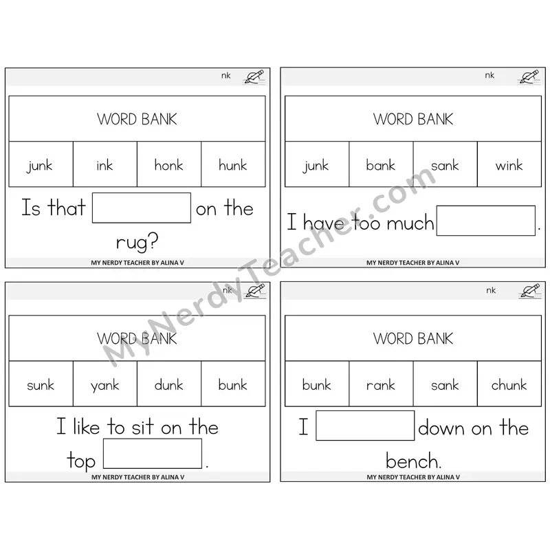 NK Digraph Missing Words Task Cards — Decodable Sentences