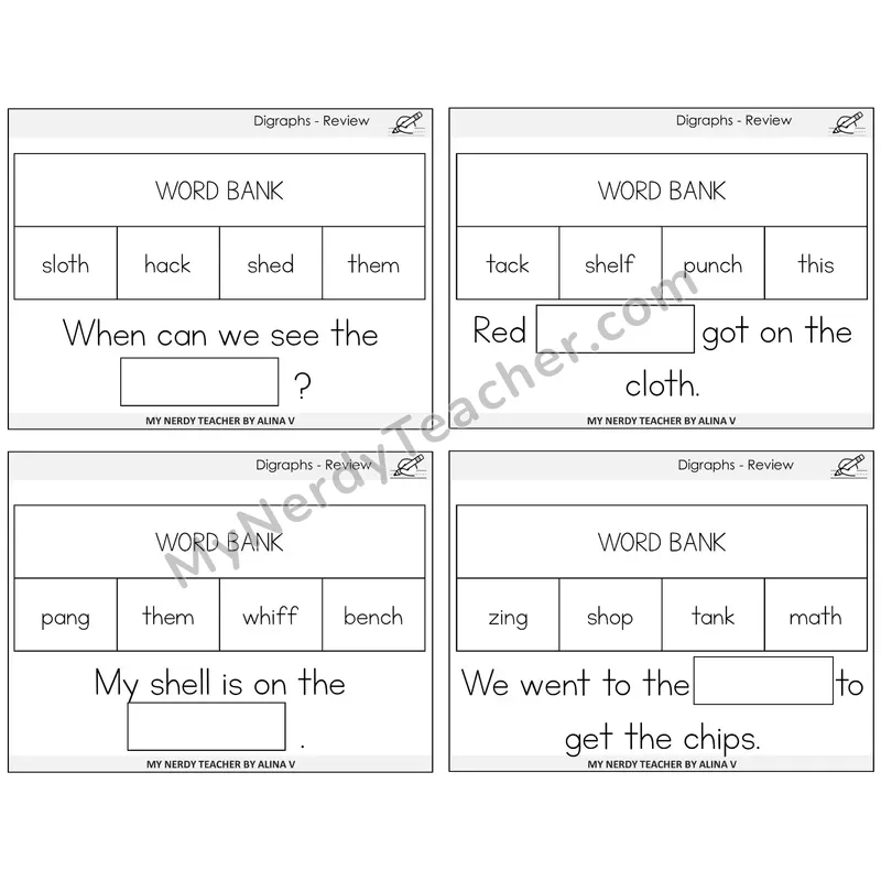 Digraphs Review Missing Words Task Cards — Decodable Sentences