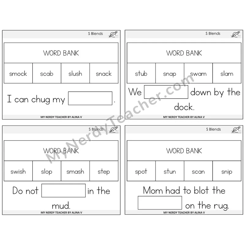 S Blends Missing Words Task Cards — Decodable Sentences