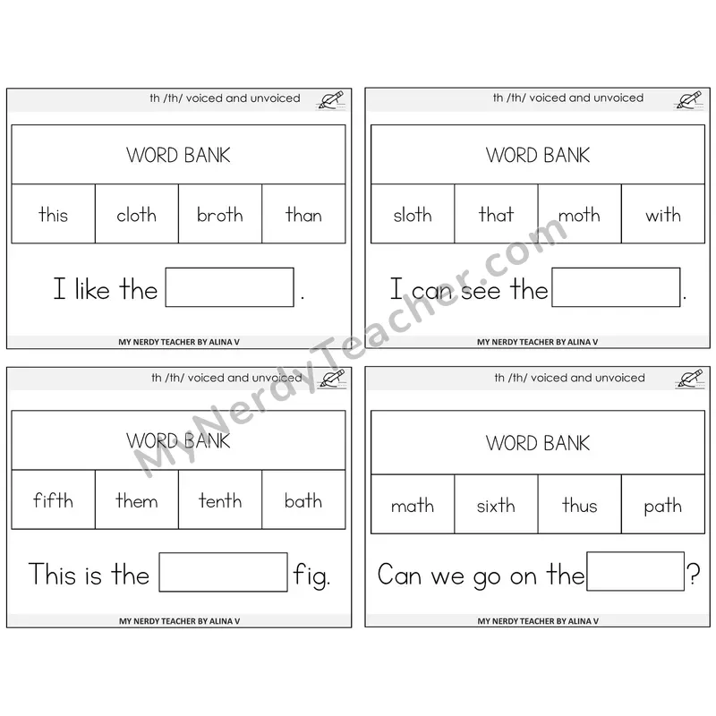 TH Digraph (Voiced + Unvoiced) Missing Words Task Cards — Decodable Sentences