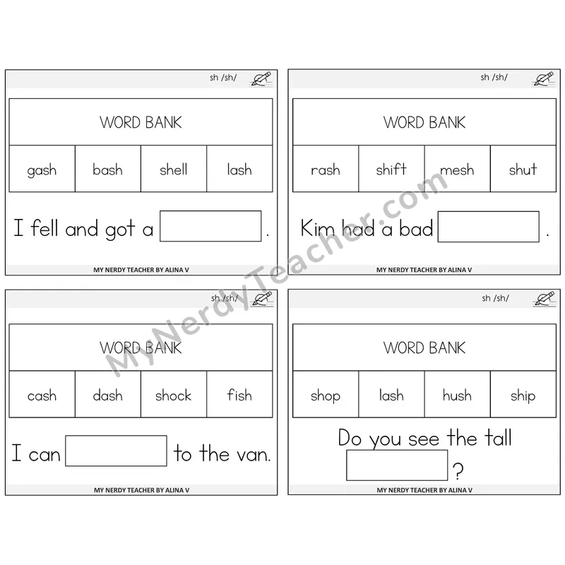 SH Digraph Missing Words Task Cards — Decodable Sentences