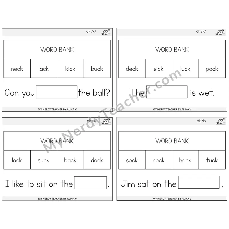 CK Digraph Missing Words Task Cards — Decodable Sentences