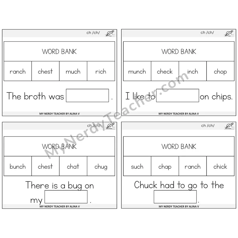 CH Digraph Missing Words Task Cards — Decodable Sentences
