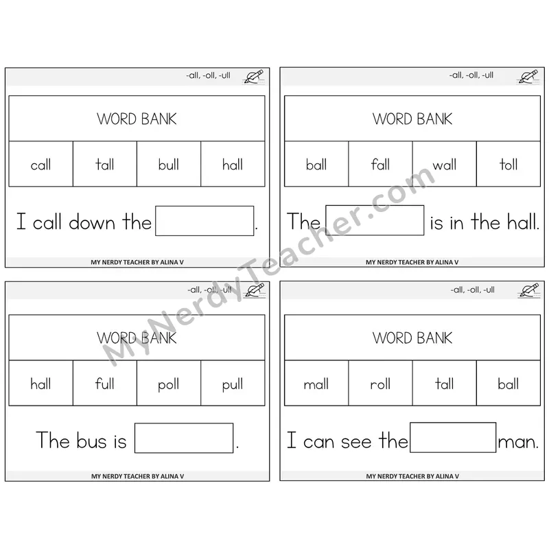 All, Oll, Ull Missing Words Task Cards — Decodable Sentences