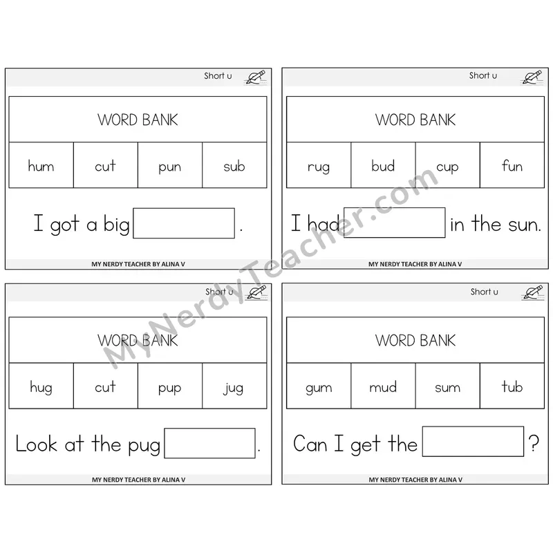 Short U Missing Words Task Cards — Decodable Sentences