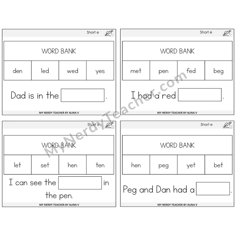Short E Missing Words Task Cards — Decodable Sentences