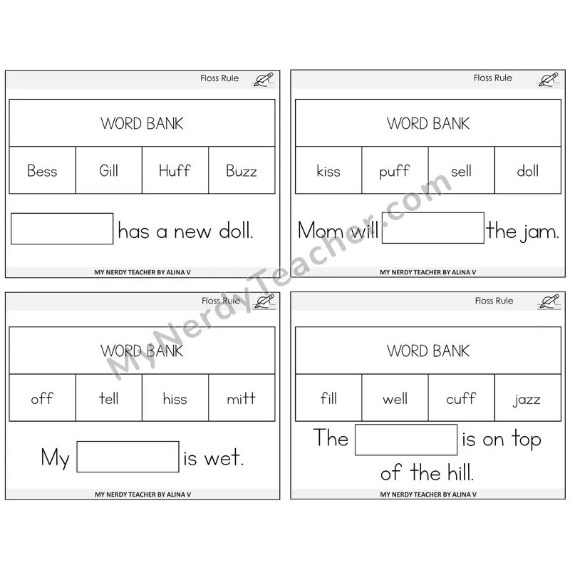 Floss Rule (ff, ll, ss, zz) Missing Words Task Cards — Decodable Sentences