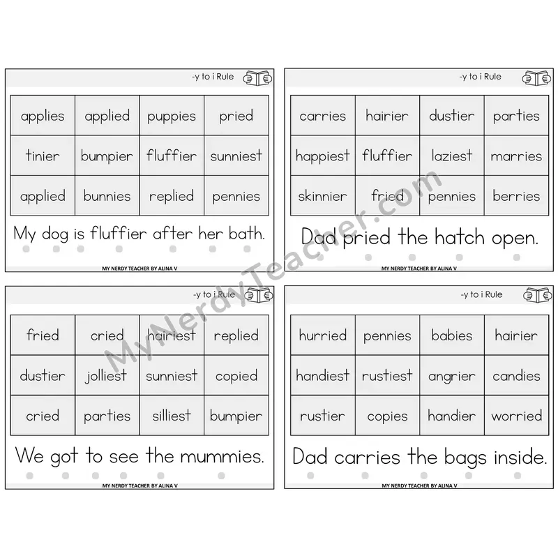 Y to I Rule Decodable Fluency Mats Task Cards — Decodable Sentences