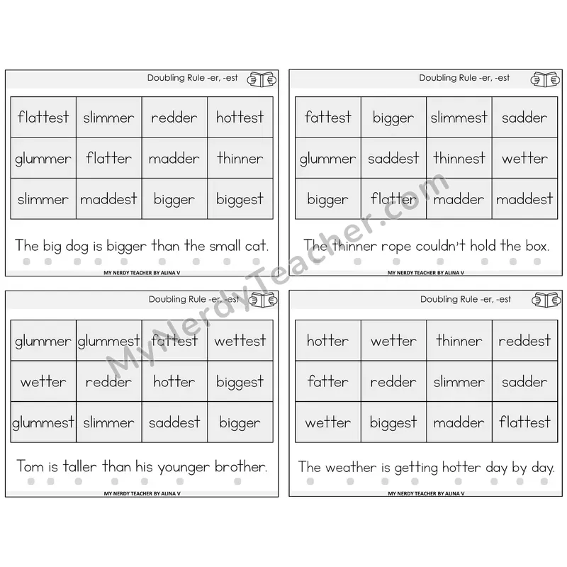 Doubling Rule -er, -est Decodable Fluency Mats Task Cards — Decodable Sentences